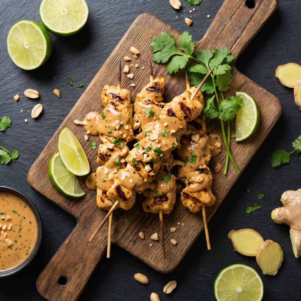 Brochettes de poulet laquées à la sauce aux cacahuètes
